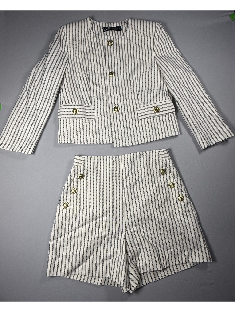 Zara Striped Two-Piece Blazer and Shorts Set with Gold Buttons